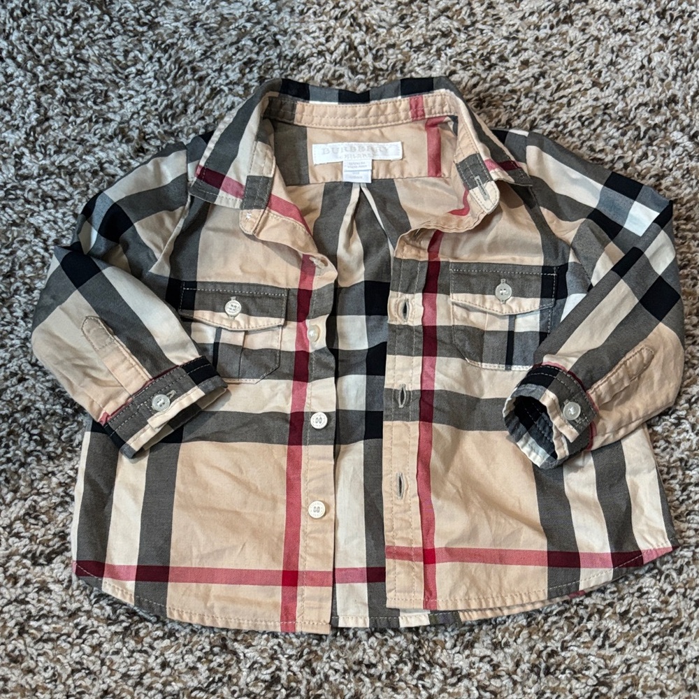 Burberry Toddler Beige Plaid Button-Front Shirt with Black & Red Stripes 6 Month